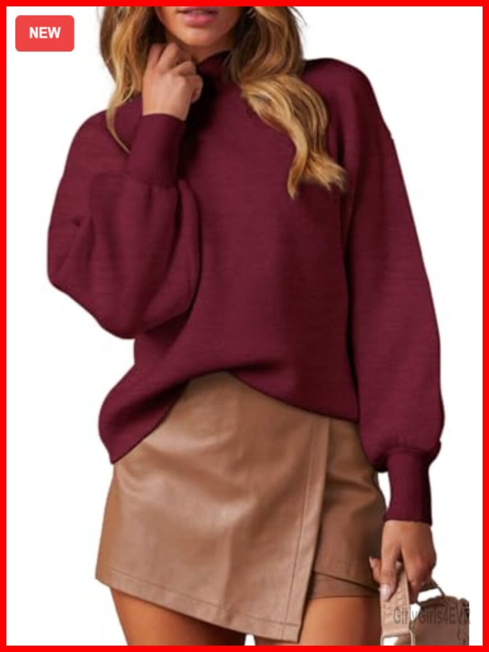 Women's Mock Neck Sweater Long Sleeve Knit Pullover Soft Stretchy Lantern Sleeve